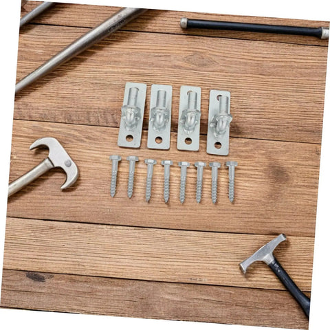 Heavy Duty Wall Mount Gate Hinges With 12.7mm Hole And Screws 4 Pieces Weather Resistant Iron Gate Hardware For Wood Or Metal Fences Multipurpose Post Hinge Kit For Outdoor Use, hinges and screws laid out on wood