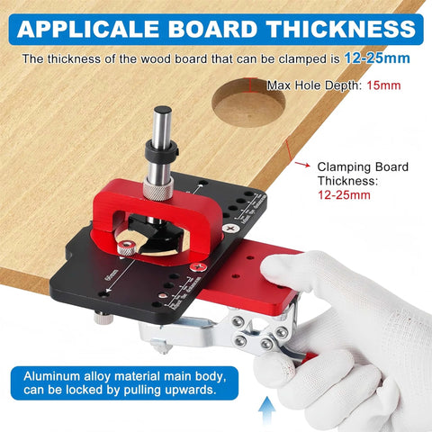35mm Hinge Jig for Cabinet Doors shown clamped on a wooden board, made of rugged aluminum alloy for accurate drilling and cabinet installations.