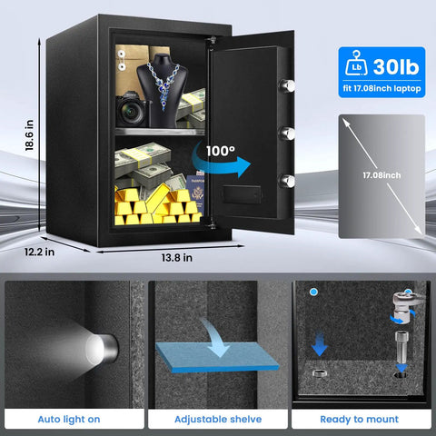 2.5 Cu Ft Steel Digital Safe Box For Home And Office Security With LED Light Electronic Lock External Power Port Built Tough Anti Pry Construction Great For Documents Money Jewelry And Valuables open with valuables inside