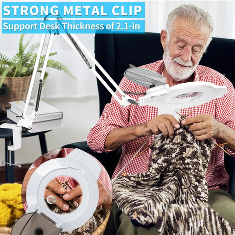 Man knitting under Lit 2200L LED Magnifying Lamp With Stand Real Glass Lens Dimmable Light Lighted Magnifier