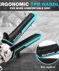 DURATECH 3-inch sheet metal seamer with ergonomic black and turquoise TPR handle; front view.