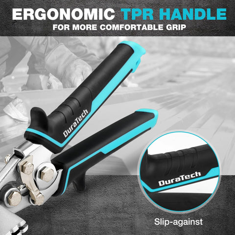 DURATECH 3-inch sheet metal seamer with ergonomic black and turquoise TPR handle; front view.