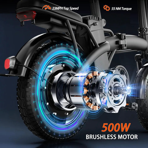 Close-up of Compact Foldable 14 Inch Electric Bike for Adults with 500W motor detailing brushless motor mechanism