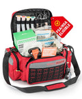 Rhino Rescue red EMT first aid kit bag with MOLLE front panel and visible first aid manual