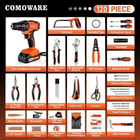 Image showing 20V Cordless Drill and 120 Piece Home Tool Kit with Plastic Toolbox, including drill, pliers, wrenches, and bits.