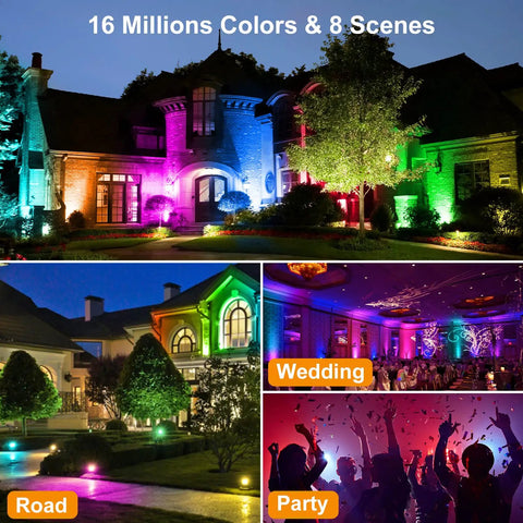 4 Pack Smart LED Flood Lights 20W RGBCW Color Changing Outdoor Flood Lights showcasing colorful lighting scenes for events