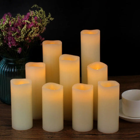 Ivory Flameless Wax Pillar Candles Set Of 9 LED Battery Operated Pillars Ranging 4 5 6 7 8 9 Inches With Remote And 24 Hour Cycling Timer