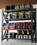 Heavy Duty Steel Shelving Rack With 4 Adjustable Bays Holding 4000 Pounds Capacity Built Like A Tank For Rugged Garage And Workshop Storage Solutions Measuring 69 By 71 By 23 Inches filled with tools and containers.