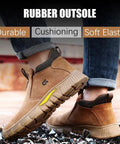 Person wearing Welding Work Boots For Men Brown Mid Cut Steel Toe Slip On Safety Boots For Welders Built Tough For Construction And Industrial Jobs Indestructible Protection ASTM Certified Footwear, showing rubber outsole.