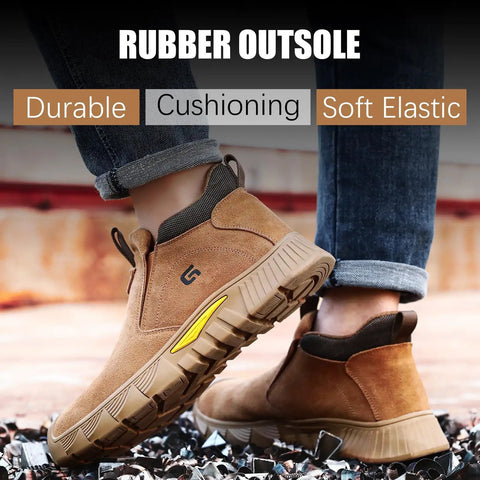 Person wearing Welding Work Boots For Men Brown Mid Cut Steel Toe Slip On Safety Boots For Welders Built Tough For Construction And Industrial Jobs Indestructible Protection ASTM Certified Footwear, showing rubber outsole.