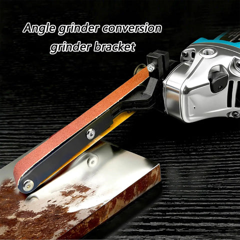 Upgrade Any Angle Grinder To A Belt Sander Instantly with this angle grinder bracket and sanding belt attachment.