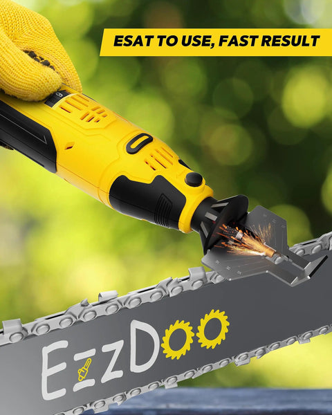 Cordless Chainsaw Sharpener Kit With 12V Power Portable On The Go Sharpening Tool Six Titanium Coated Diamond Bits shown sharpening a chainsaw chain