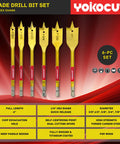 Set of six spade drill bits with 1/4" hex shank, ranging from 3/8" to 1" for woodworking, shown in packaging