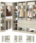 Rock Solid Corner Closet System With 3 Sets and 87 Inch Frame Offers Gobs of Storage via 4 Large Wooden Drawers 4 Hanging Rods Plus over 20 Shelves, filled with clothing and accessories.