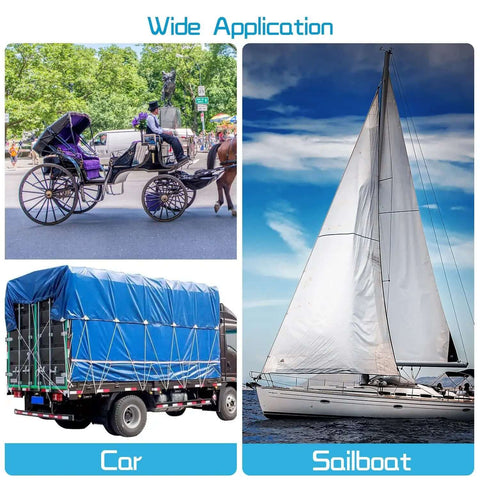 Wide application of eyelet kit: carriage, tarp-covered truck, and sailboat using quarter inch grommets for fabric and tarps.