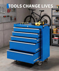 Badass Heavy Duty Five Drawer Rolling Tool Chest With Top Shelf Lock And Ridiculously Smooth Wheels For Hella Secure Garage Storage And Pro Shop Organization Built Tough In Blue standing in garage with tools organized on top.