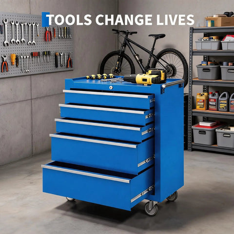 Badass Heavy Duty Five Drawer Rolling Tool Chest With Top Shelf Lock And Ridiculously Smooth Wheels For Hella Secure Garage Storage And Pro Shop Organization Built Tough In Blue standing in garage with tools organized on top.