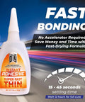 Bottle of Instant Adhesive with a precise nozzle, labeled as super fast thin, set against a speedometer graphic background.