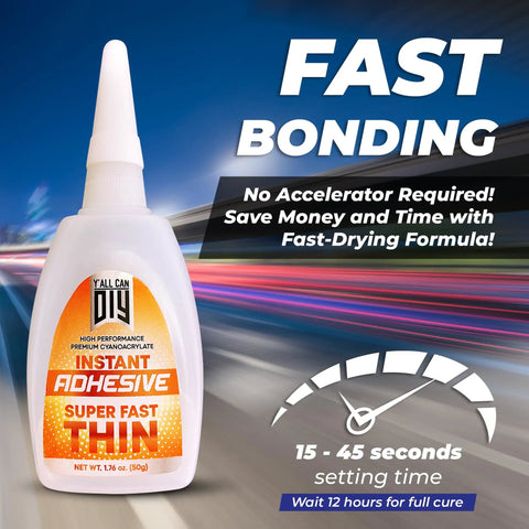 Bottle of Instant Adhesive with a precise nozzle, labeled as super fast thin, set against a speedometer graphic background.