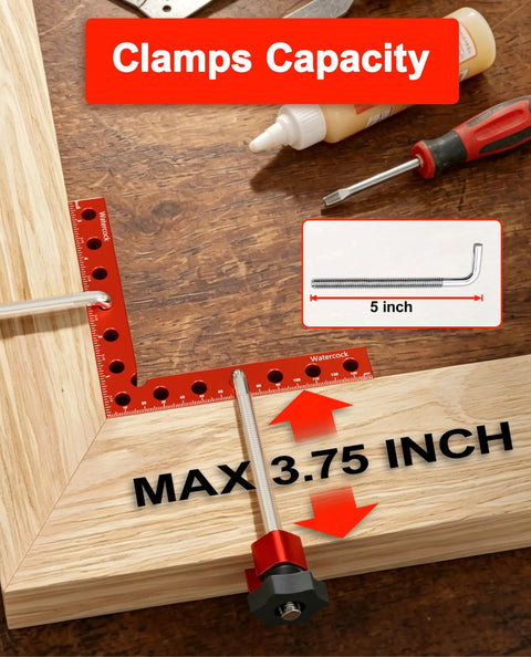 Eight Piece Aluminum Corner Clamps Set For Fine Woodworking Projects Precision Cnc Machined 90 Degree Square Jig Tools For Cabinets Drawers Slick Carry Case Included Badass Grip Accuracy Top Shelf Gear showing clamp capacity up to 3.75 inches.