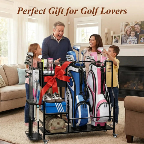 Garage Golf Bag Organizer And Storage Rack With 6 Club Slots Wheels Fabric Drawer And Hooks Holds 2 Golf Bags And Accessories For Home Garage Or Workshop displayed in a living room.