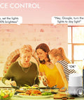 Family using 4 Pack 8 Inch Smart WiFi LED Recessed Lights with RGB CW Color Changing Tech in kitchen, controlled by voice assistants.
