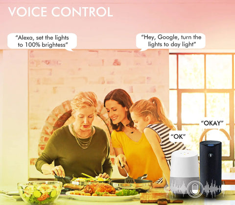 Family using 4 Pack 8 Inch Smart WiFi LED Recessed Lights with RGB CW Color Changing Tech in kitchen, controlled by voice assistants.