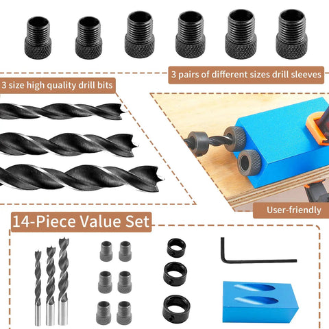 Pocket Hole Jig Kit For 15 Degree Woodworking, 14 Pcs Set With Drill Guide, 6mm 8mm 10mm Bits, shown with accessories and sleeves.