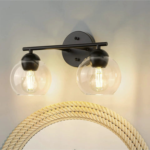 Two Light Black Bathroom Vanity Light Over Mirror With Clear Glass Globe Shades Dope Sleek Modern Bath Fixture