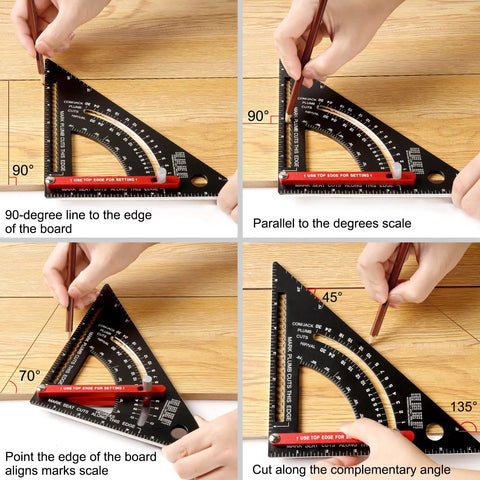 Hands demonstrating 7 Inch Aluminum Rafter Square For Woodworking And Framing Durable Carpenter Layout Tool With Saw Guide Right Angle Protractor