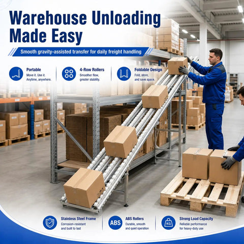 Heavy Duty 6.6ft Foldable Steel Roller Conveyor Table For Warehouse Shipping And Cargo Unloading With 12 Inch Width Gravity Slide System in use with boxes.
