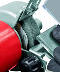 Close-up of the Shop Ready Double Wheel Bench Grinder With Adjustable Spark Arresters for polishing and grinding.