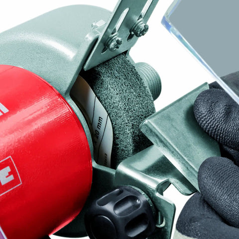 Close-up of the Shop Ready Double Wheel Bench Grinder With Adjustable Spark Arresters for polishing and grinding.