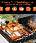 Orange Silicone Griddle Mat 5 In 1 Organizer for BBQ tools on outdoor grill with cooking utensils and spice jars