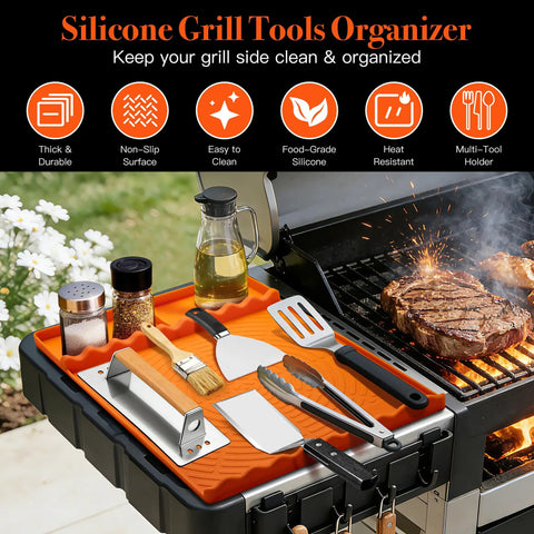 Orange Silicone Griddle Mat 5 In 1 Organizer for BBQ tools on outdoor grill with cooking utensils and spice jars