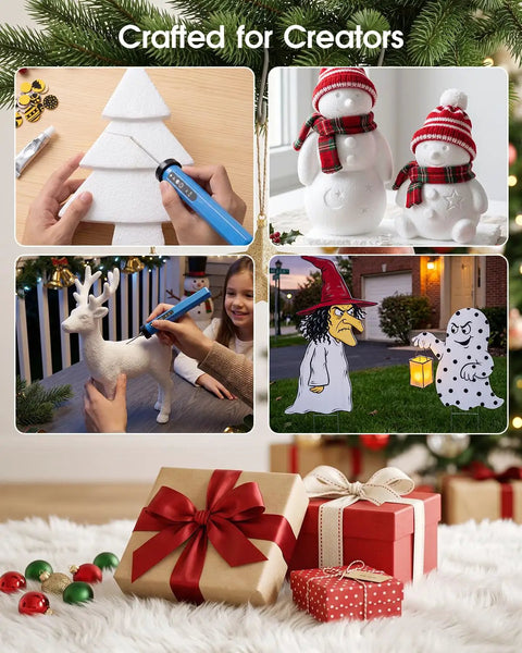 Creative projects using Badass 3 In 1 Hot Wire Foam Cutter Kit for holiday decorations like snowmen, trees, and gifts.