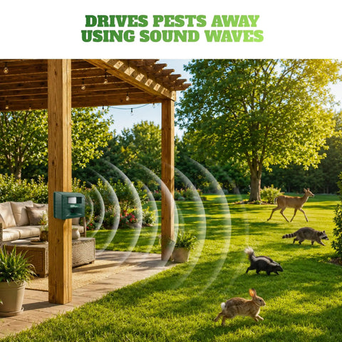 Yard Sentinel Ultrasonic Animal Repeller With 5500 Sq Ft Coverage And 24 Hour Motion Sensor, Night Scanner, Dual Ultrasonic And Sonic Alarm Tech To Keep Deer, Raccoon, Bear, Rabbit, Skunk And Fox Away, Includes 10m Extension Cord on patio post
