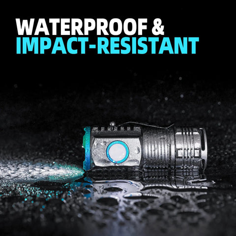 Beefy 1100 Lumen Pocket Flashlight With 4 Modes on wet surface, showing waterproof and impact resistant features