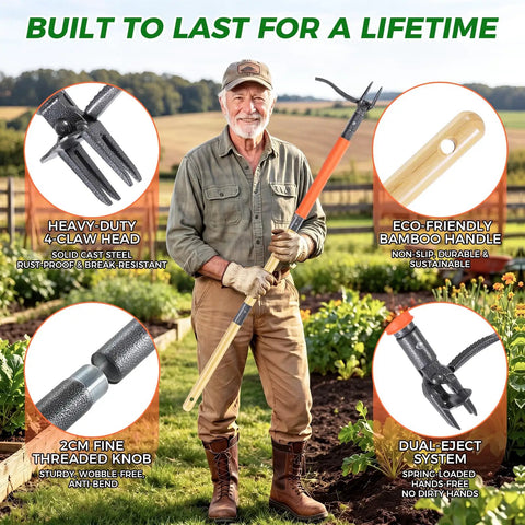 Stand Up Weed Puller Tool With 4-Claw Steel Head And Dual Eject, 43.7 Inch Bamboo Handle, Deep Root Remover For Lawn Garden Yard, Anti-Slip Pedal, No Bending Back Pain, Easy Weeding, standing in garden