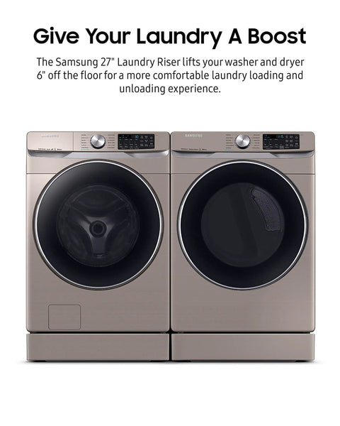 27 Inch Laundry Riser Pedestal For Front Load Washer Or Dryer Gives Your Laundry A 6 Inch Lift And Keeps It ADA Compliant Champagne Finish Fits 27 Inch Wide Units, showing mounted washer and dryer
