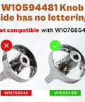 Stainless Steel Gas Range Stove Knobs Replacement Set, comparison of W10594481 and W10766544 with lettering differences.