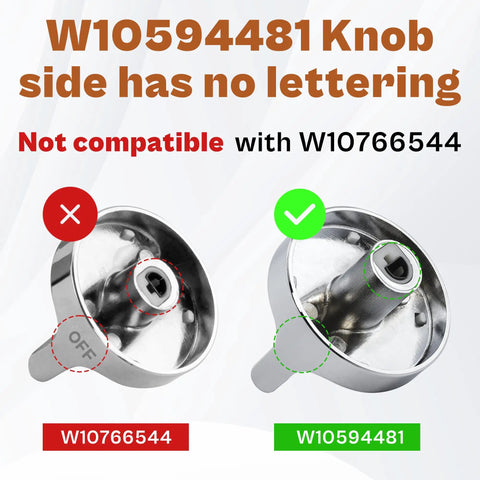 Stainless Steel Gas Range Stove Knobs Replacement Set, comparison of W10594481 and W10766544 with lettering differences.