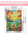 Sunset Diamond Painting Kit For Adults, image of 5D Beach DIY art on canvas with dimensions, includes extra diamonds and tools.