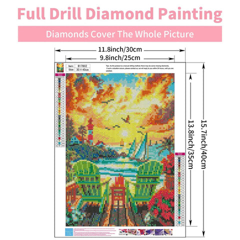 Sunset Diamond Painting Kit For Adults, image of 5D Beach DIY art on canvas with dimensions, includes extra diamonds and tools.