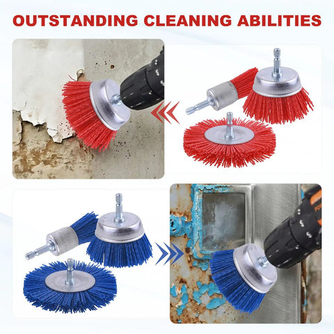 Nylon Filament Pro Grade Abrasive Wire Brush Set With 1/4 Inch Hex Shank, removing paint and rust from various surfaces.