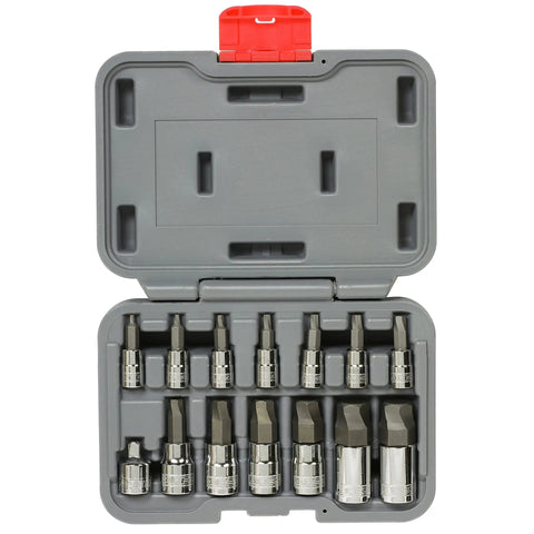 18-piece Turbo Socket Set For Damaged Bolt Extraction in open gray case, includes 1/4-inch drive kit, SAE and metric sockets.