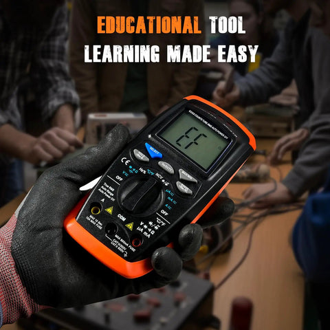 Person holding Digital Multimeter With Auto Ranging TRMS 6000 Counts for SpotOn AC DC Voltage Resistance, educational setting