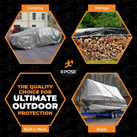 Collage showing Heavy Duty Poly Tarp 30 Foot By 30 Foot 10 Mil Waterproof UV Blocking Protective Cover for various outdoor uses