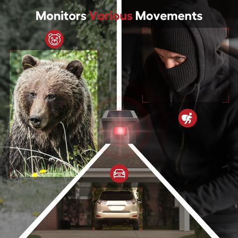 Pro 4 Smart Solar Driveway Alarm detects bear, intruder, and car movements, illustrating its motion-sensing security features.