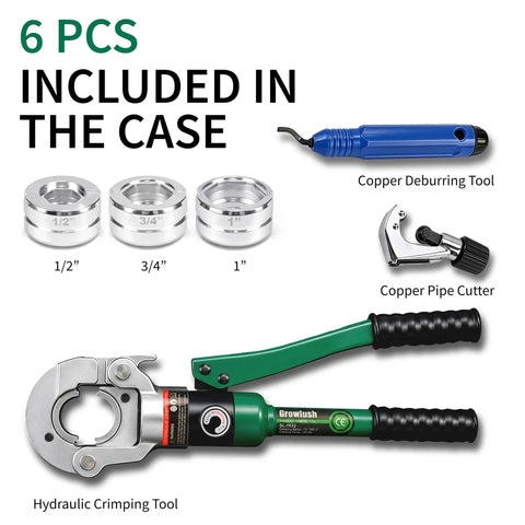 Copper Pipe Crimping Tool With Hydraulic Press For Half Inch, Three Quarter Inch, And One Inch Jaws For Copper Tube Fittings, Slim Head Design For Tight Spaces, Leak Free Crimps, Professional Grade Plumber Tool For Pros And DIYers with 1/2, 3/4, 1 in jaws and 6 included case accessories